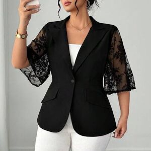 SHEIN Elegancka damska marynarka w dużym rozmiarze, koronkowa, patchworkowa, z kołnierzykiem, krótkim rękawem, ściągaczem w talii i kieszeniami, w kolorze c