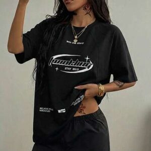 SHEIN Damska koszulka streetwear oversize z nadrukiem motocyklowym w blokach kolorów i rękawami typu raglan