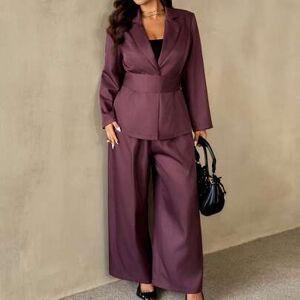 SHEIN Elegancki formalny damski dwuczęściowy komplet jesienny w ciemnofioletowym kolorze, dopasowana marynarka z długim rękawem i poduszkami na ramionach or