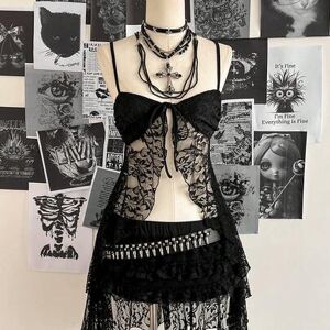 SHEIN Damska, casualowa, vintage'owa koszulka z koronką i asymetrycznym dołem, idealna na festiwale muzyczne, w stylu Y2K
