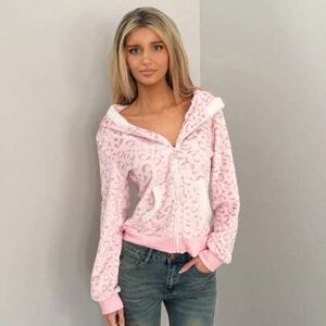 SHEIN 1 szt. Miękka polarowa bluza z kapturem i nadrukiem w panterkę, zapinana na zamek, swobodny, uroczy wzór w bloki kolorów, odpowiednia na jesień/zimę,
