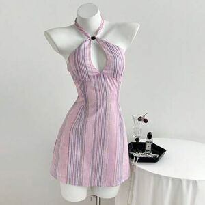 SHEIN Damska sukienka mini w paski w stylu retro, wiązana, dopasowana, wiosna/lato