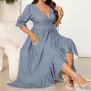 SHEIN Sukienka maxi damska w dużym rozmiarze na wiosnę/lato, romantyczna, wakacyjna, marszczona, elegancka, z krótkim rękawem, tkana, długa, letnia, damska,