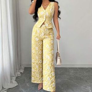 SHEIN Letni damski, nowy, afrykański, żakardowy, tłoczony, elegancki, codzienny strój do pracy, niebieski, kamizelka i spodnie, 2 sztuki