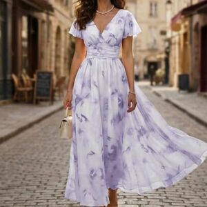 SHEIN Elegancka sukienka midi z dekoltem w serek, falbaną u dołu i kwiatowym nadrukiem, marszczona w talii, o kroju litery A, romantyczna i modna na wakacje