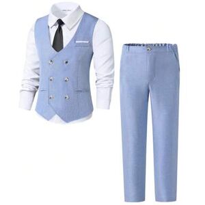 SHEIN 2 sztuki/zestaw nastoletniego stroju dla dżentelmena, w tym dopasowana jasnoniebieska kamizelka i jasnoniebieskie teksturowane spodnie. Elegancki, luk