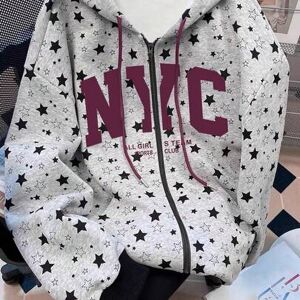 SHEIN Najlepiej sprzedająca się damska bluza z kapturem i zamkiem błyskawicznym w stylu retro w stylu amerykańskim, z nadrukiem w gwiazdy, odpowiednia na co