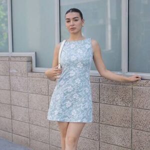 SHEIN Retro Elegancka Wakacyjna Mini Sukienka Żakardowa, Bez Rękawów Dopasowana i Rozkloszowana Zielona Sukienka, Wiosna/Lato