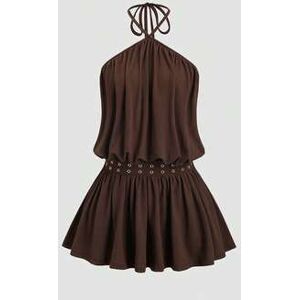 SHEIN Retro Y2K Streetwear Casual Brown Seksowna Sukienka Mini z Halterem i Odkrytymi Plecami, Ściągana Talią Na Lato