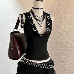 SHEIN Luźny, minimalistyczny styl, czarny, bawełniany top damski z ozdobnymi oczkami, odpowiedni na wiosnę/lato i festiwale muzyczne, 95% bawełny