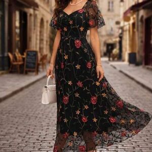 SHEIN Elegancka czarna letnia sukienka wieczorowa plus size z haftowanymi różami, z siateczką i podkreśloną talią, formalna, na wesele, randkę walentynkową