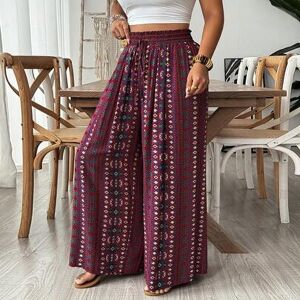 SHEIN Damskie spodnie plus size z szerokimi nogawkami i kieszeniami, letnie boho wakacyjne spodnie z nadrukiem, elegancki casualowy styl bohemy na wczesną j