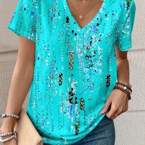 SHEIN Plus Size Damska Letnia Koszulka, Minimalistyczny Całościowy Nadruk Graficzny Casualowy Dekolt W Serek Krótki Rękaw T-shirt