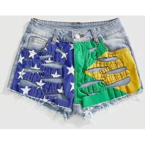 SHEIN Letnie mini szorty jeansowe w stylu retro sportowym, World Cup Brazylia, żółto-zielone z haftem
