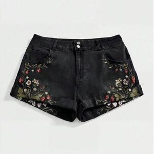 SHEIN Pluszowe letnie modne szorty jeansowe z haftem kwiatowym i skośnymi kieszeniami w dużym rozmiarze
