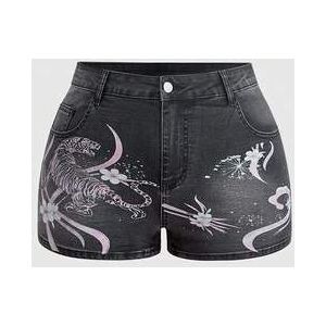 SHEIN Szorty jeansowe plus size z kieszeniami, guzikami, nadrukiem w tygrysy, kwiaty i wstążki