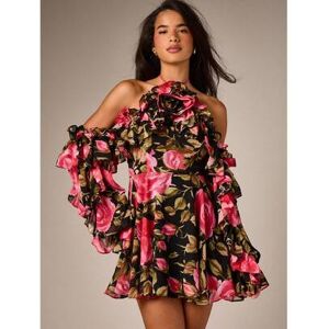 SHEIN Mini sukienka z nadrukiem róż, detalem gorsetu, falbanami, dekoltem halter, odkrytymi ramionami i marszczonymi rękawami, imprezowa, letnia
