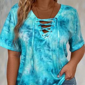 SHEIN Plus Size Tie-Dye Printed Drawn Lace Short Sleeve Letnia Koszulka T-shirt