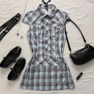 SHEIN Casual minimalistyczna retro punkowa Y2K uniwersalna sukienka mini z kołnierzem dla kobiet, miętowo-niebieska i brązowa w kratę, styl gotycki, letni s