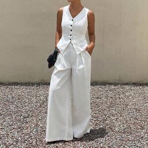SHEIN Damski elegancki casualowy biały zestaw z denimu: kamizelka bez rękawów z dekoltem w serek i otwartym przodem oraz długie spodnie