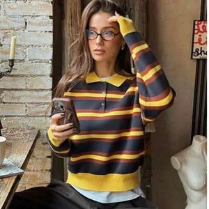 SHEIN Damskie swetry polo z dzianiny w kontrastowe paski, z długim rękawem i kołnierzykiem