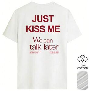 SHEIN Damski letni luźny T-shirt 100% bawełna z czerwonym nadrukiem liter na plecach JUST, casualowy top z krótkim rękawem i okrągłym dekoltem, biały, sekso