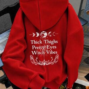 SHEIN Bluza z kapturem dla kobiet plus size z obniżonymi ramionami, nadrukiem faz księżyca i hasłem "Witchy Vibes", letnia casualowa odzież sportowa na zewn