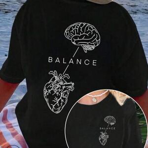 SHEIN Damski T-shirt z nadrukiem "Balance Of Reason And Emotion" na wiosnę/lato, 1 szt., personalizowany, nowość 2026, ultra luźny długi top, 100% bawełna,