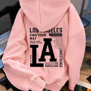 SHEIN Damska bluza z kapturem plus size z nadrukiem graficznym Los Angeles, obniżone ramiona, długi rękaw, różowa, casualowa