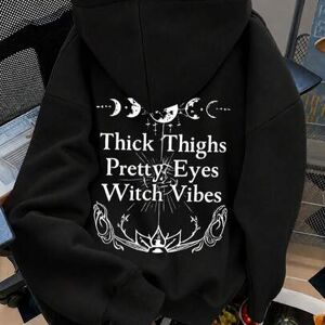 SHEIN Damska bluza z kapturem z obniżonymi ramionami, z nadrukiem faz księżyca i hasłem "Witchy Vibes", z kieszenią, casualowa, regularny krój, nowa moda je