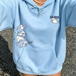 SHEIN Damska bluza z kapturem z opuszczonymi ramionami i uroczym nadrukiem rekina, długi rękaw, letnia casualowa