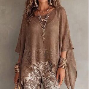 SHEIN FOR BEAUTY damski sweter poncho na lato i jesień w stylu Y2K, gładki, ażurowy, dziergany, boho, szydełkowy, prześwitujący, oversize, z rękawami nietop
