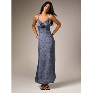SHEIN Satynowa sukienka maxi w grochy z gorsetem, dekoltem w serek, ramiączkami spaghetti i kwiatowym detalem rozety, wieczorowa letnia suknia formalna