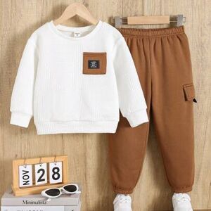 SHEIN 2 sztuki/zestaw dla dzieci, chłopców, casual, ładny, kolorowy blok, patchwork, okrągły dekolt, długi rękaw, bluza i spodnie z elastyczną talią, zestaw