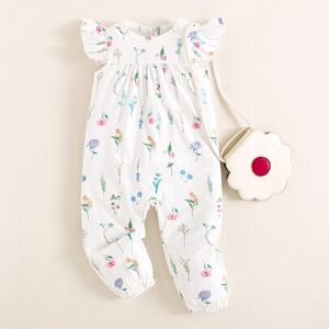 SHEIN 1 szt. Dziewczynek Okrągły Dekolt Rękaw Zamek Błyskawiczny Z Przodu Kombinezon Z Spodnie, Ditsy Floral, Swobodny Ładny Codzienny Noszenie, Miękki i Wy