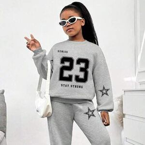 SHEIN Bluza z nadrukiem w litery i spodnie ze ściągaczem dla dziewcząt, 2 szt./zestaw, swobodny strój z kapturem, odpowiedni na powrót do szkoły, ukończenie