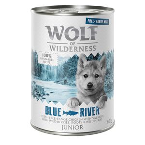 Wolf of Wilderness 6x400g frango salmão Junior Wolf of Wilderness Free Range latas cão