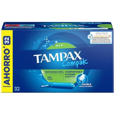 Tampax Compak Super Tampão com aplicador 32 unidades Tampax Compak Super Tampão com aplicador 32 unidades