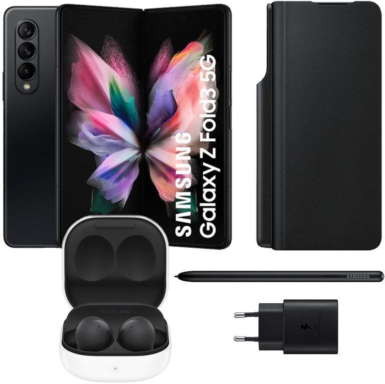 Samsung pack galaxy z fold3 5g 12gb/512gb 6.2''/7.6'' preto + capa + s pen + carregador + galaxy buds 2 pretos