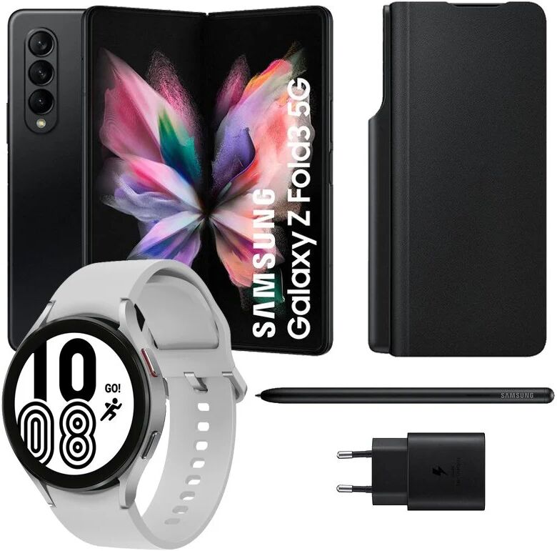 Samsung pack galaxy z fold3 5g 256gb negro + funda + s pen + cargador + galaxy watch4 bluetooth 44mm plata