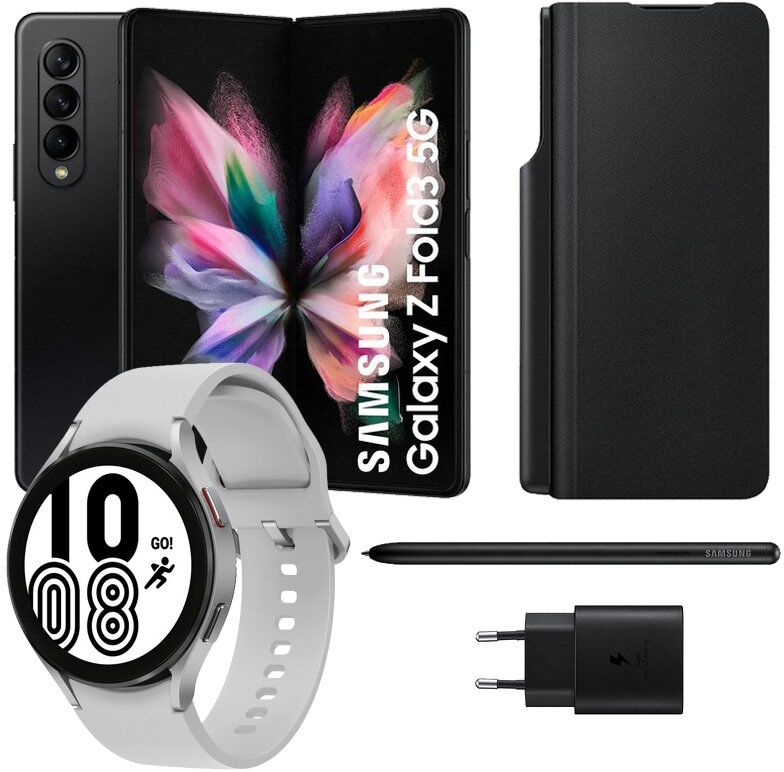 Samsung pack galaxy z fold3 5g 512gb negro + funda + s pen + cargador + galaxy watch4 bluetooth 44mm plata