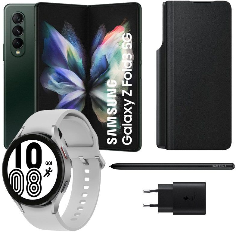 Samsung pack galaxy z fold3 5g 512gb verde + funda + s pen + cargador + galaxy watch4 bluetooth 44mm plata