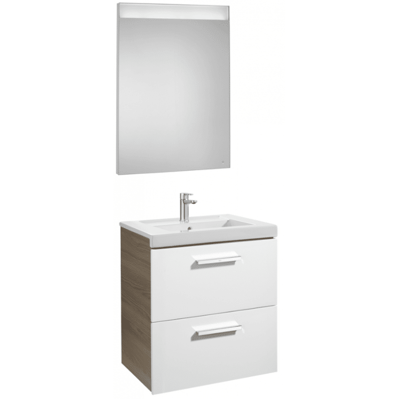ROCA Móvel para casa de banho com duas gavetas e espelho LED 60 cm branco-fresno Prisma Pack Roca