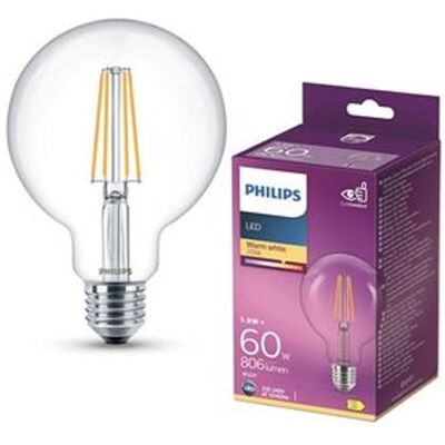Philips lâmpada LED E27 G95 filamento luz quente 7W 60W Philips lâmpada LED E27 G95 filamento luz quente 7W 60W