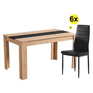 Pack mesa DOMUS (carvalho artesanato) + 6 cadeiras ZARA II (preto PU)