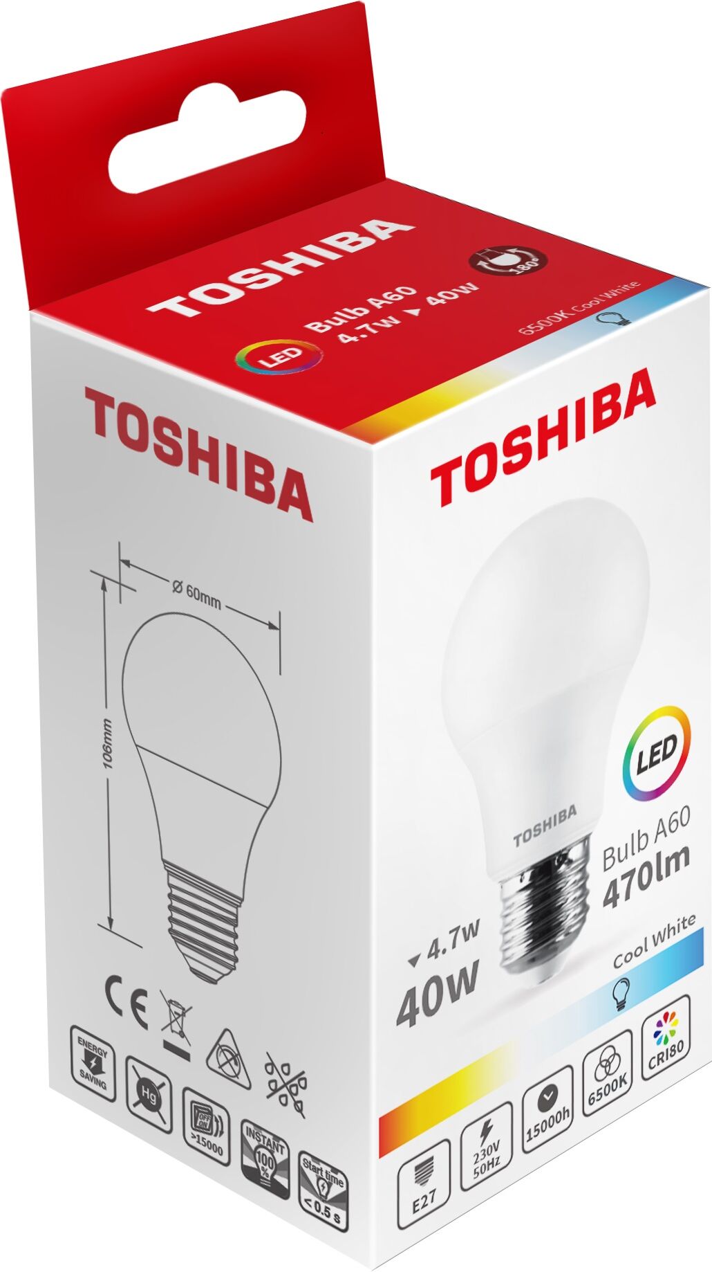 Toshiba Lâmpada Led E27 A60 4,7w 6500k 470lm - Toshiba