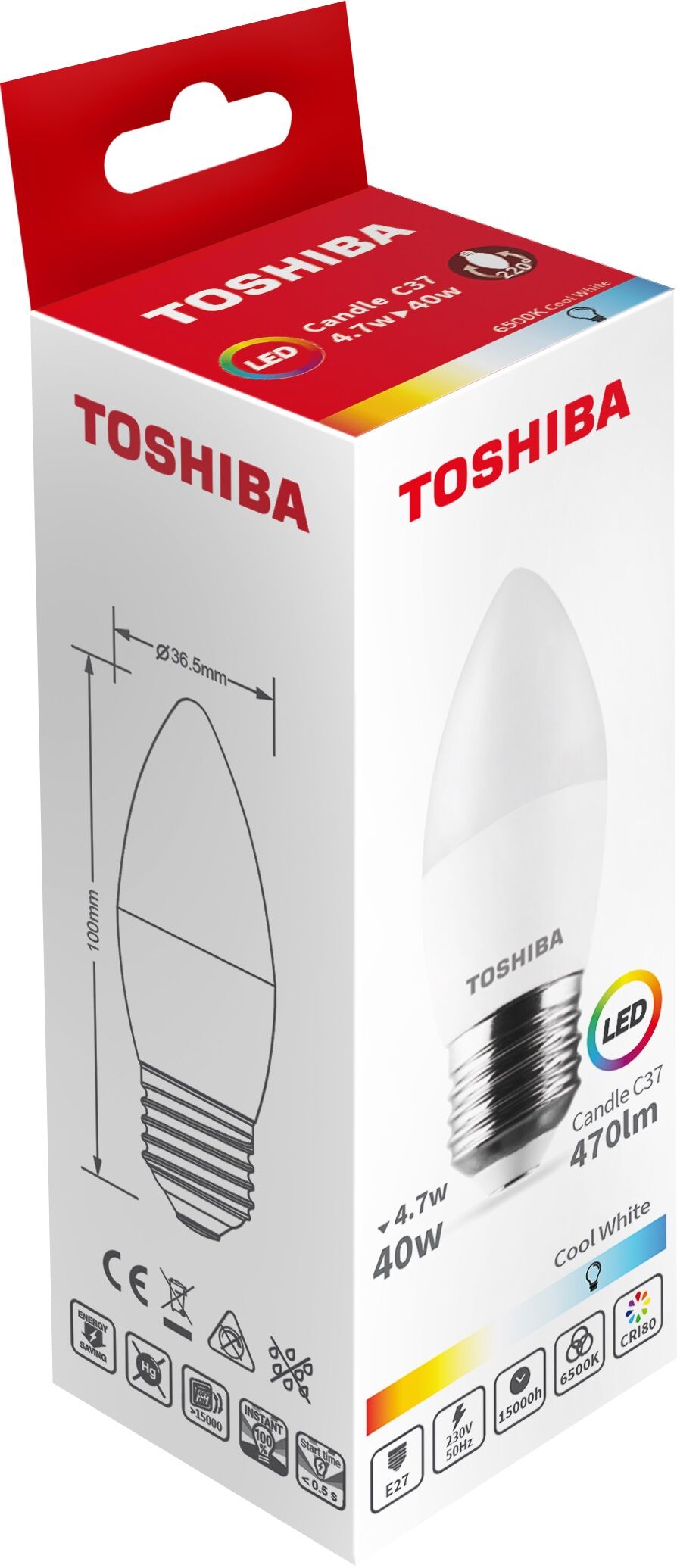 Toshiba Lâmpada Led E27 C37 4,7w 6500k 470lm - Toshiba