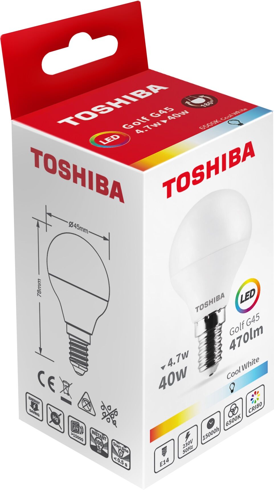 Toshiba Lâmpada Led E14 G45 4,7w 6500k 470lm - Toshiba