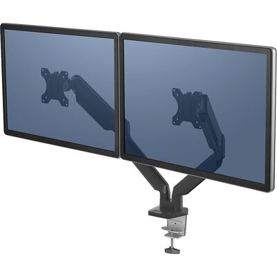 Fellowes Braço de monitor PLATINUM SERIES , braço duplo para 2 monitores, preto, Braço de monitor PLATINUM SERIES, braço duplo para 2 monitores, preto. Cada braço suporta monitores com peso até 8 kg e 81,28 cm (32'') de tamanho. Maximiza o espaço sobre a Fellowes Braço de monitor PLATINUM SERIES , braço duplo para 2 monitores, preto, Braço de monitor PLATINUM SERIES, braço duplo para 2 monitores, preto. Cada braço suporta monitores com peso até 8 kg e 81,28 cm (32'') de tamanho. Maximiza o espaço sobre a