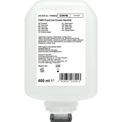 CWS Sabonete líquido PureLine Cream , embalagem de 8 unid. com 600 ml cada, transparente, Sabonete líquido PureLine Cream, embalagem de 8 unid. com 600 ml cada, transparente. Sem petróleo. pH neutro. Sem microplásticos e polímeros líquidos. Cerca de 1200 CWS Sabonete líquido PureLine Cream , embalagem de 8 unid. com 600 ml cada, transparente, Sabonete líquido PureLine Cream, embalagem de 8 unid. com 600 ml cada, transparente. Sem petróleo. pH neutro. Sem microplásticos e polímeros líquidos. Cerca de 1200